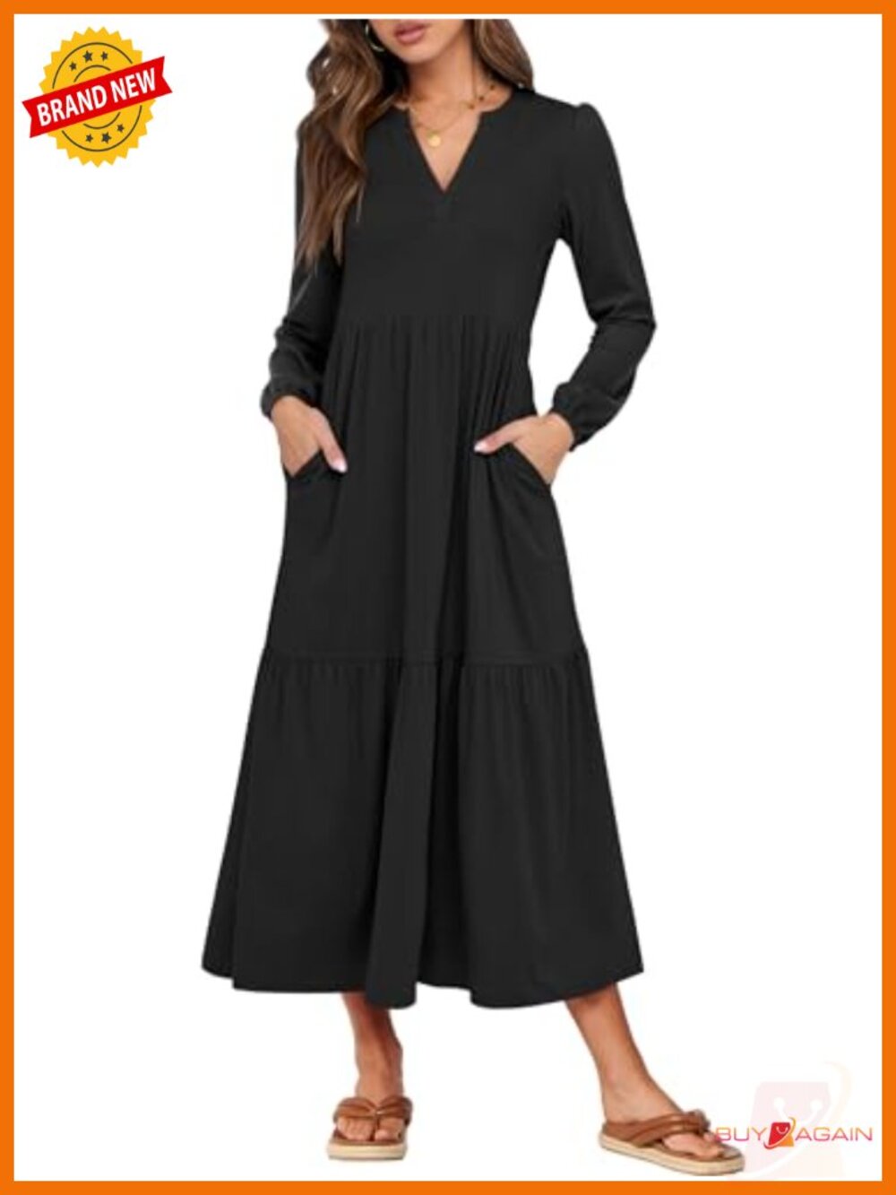 Womens Long Sleeve Flowy Boho Maxi Dress Tiered Ruffle Hem Pockets
